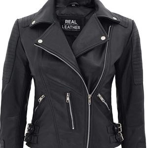 Women's Black Genuine Leather Moto Jacket (L)